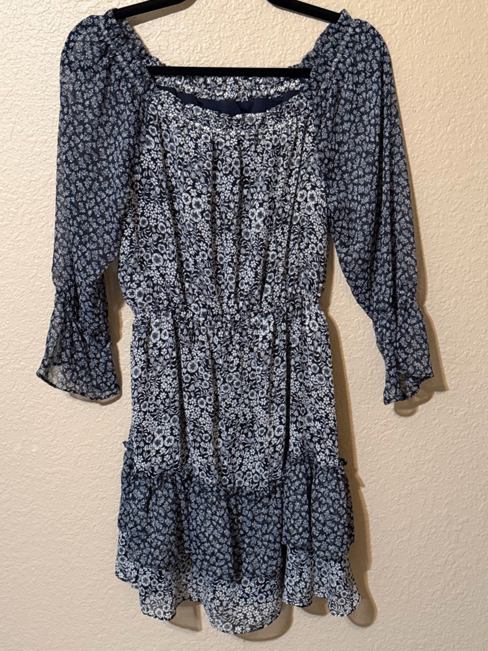 LOFT Off the Shoulder Navy and White Floral Peasant Dress